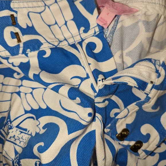 LILLY PULITZER Pants Blue White Print size 4 Beautiful Summery Print Alligator - Picture 7 of 17